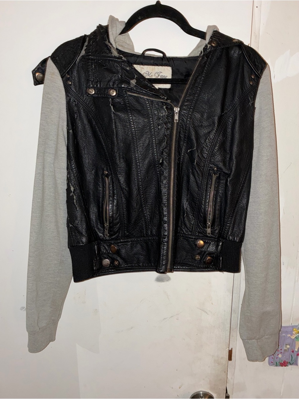 Me Jane Black Faux Leather Jacket with Light Gray Hood and Sleeves